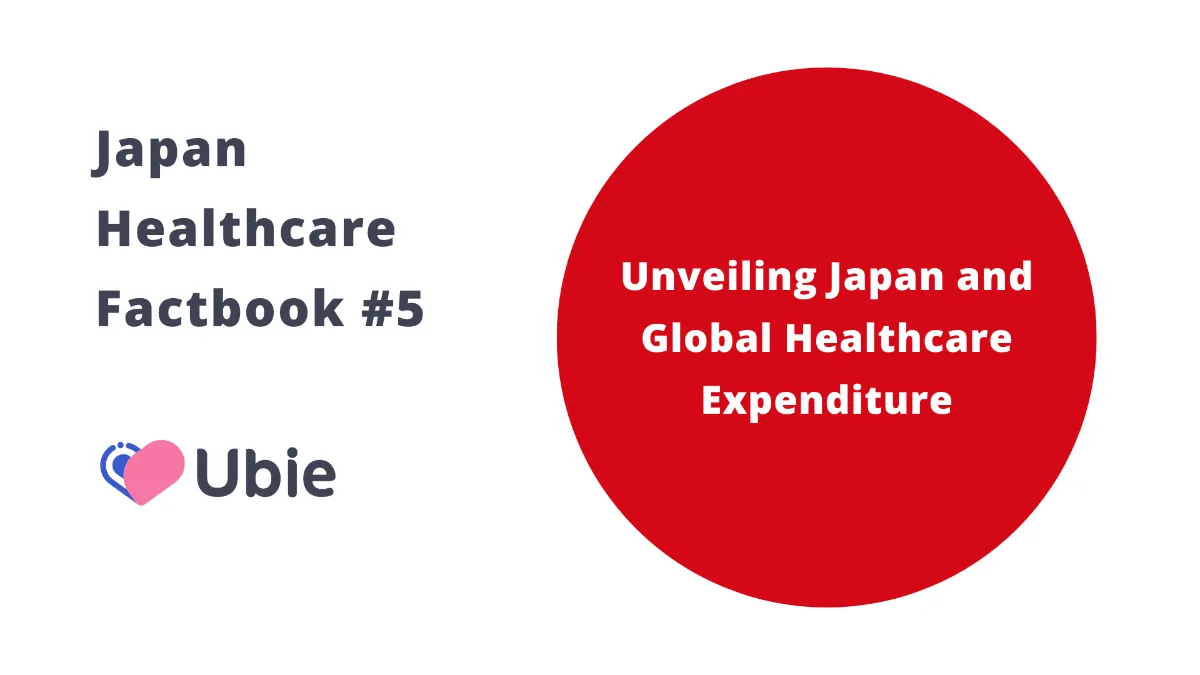 Image featuring a graphic with text "Japan Healthcare Factbook #5" and a logo for "Ubie" on the left side and a large red circle on the right side with text "Unveiling Japan and Global Healthcare Expenditure."