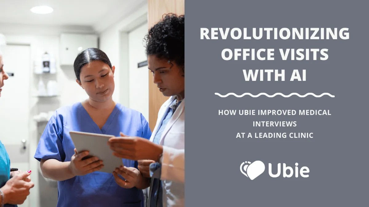 Thumbnail: Medical staff using AI technology for patient care as depicted by healthcare professionals consulting a digital tablet in a clinic corridor, alongside text for Ubie highlighting the revolution of office visits with AI and improved medical interviews at a leading clinic.