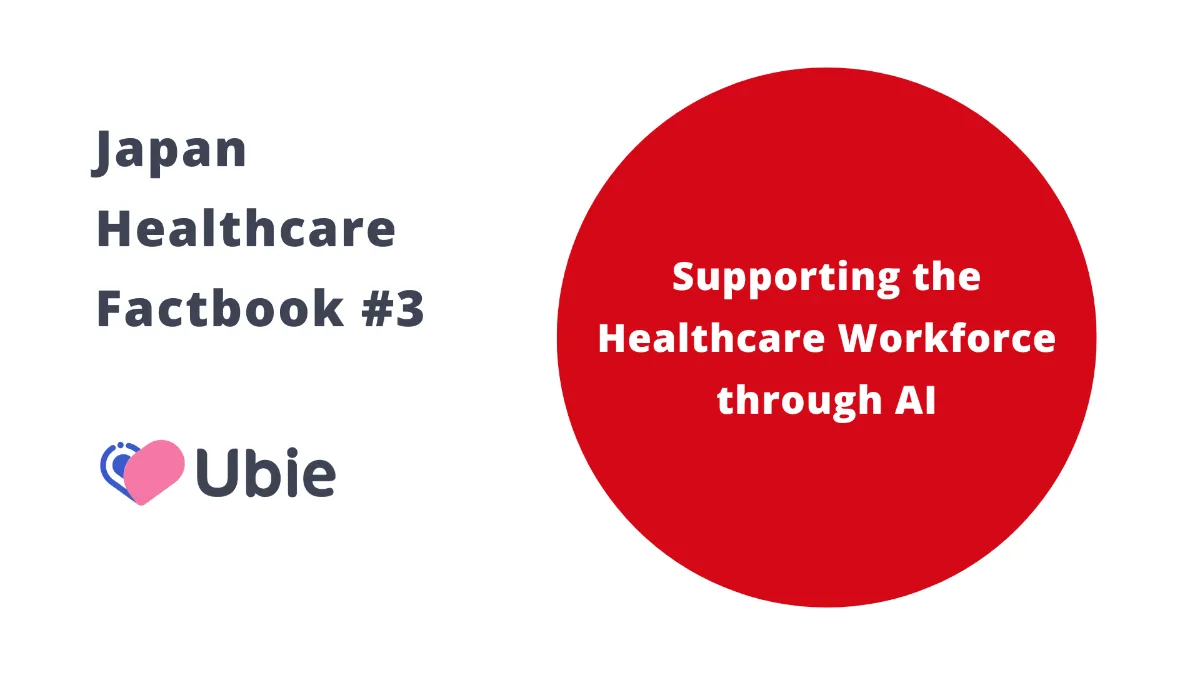 The image features a promotional graphic with text and a logo. On the left side, the text reads "Japan Healthcare Factbook #3" in varying sizes of black font. Below this text, there's a logo with a design resembling a heart and a medical cross, next to the word "Ubie" in black font. On the right side, there's a large red circle with white text inside that says "Supporting the Healthcare Workforce through AI". The overall design suggests a focus on the use of artificial intelligence in supporting healthcare workers in Japan, and the image may be related to a publication or initiative by the company Ubie.