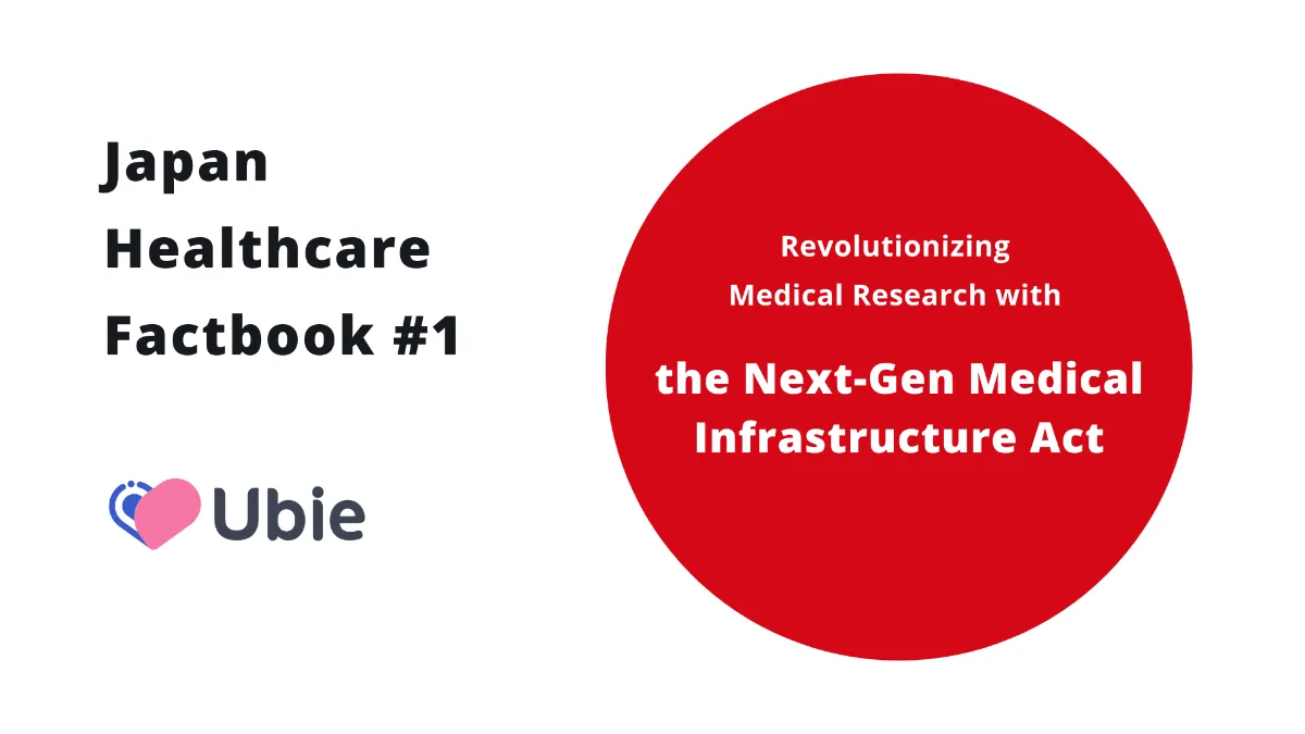 Graphic image with a red background featuring the text 'Japan Healthcare Factbook #1' on the left and 'Revolutionizing Medical Research with the Next-Gen Medical Infrastructure Act' on the right. Below the text on the left, there's a logo with a heart shape and the text 'Ubie.'