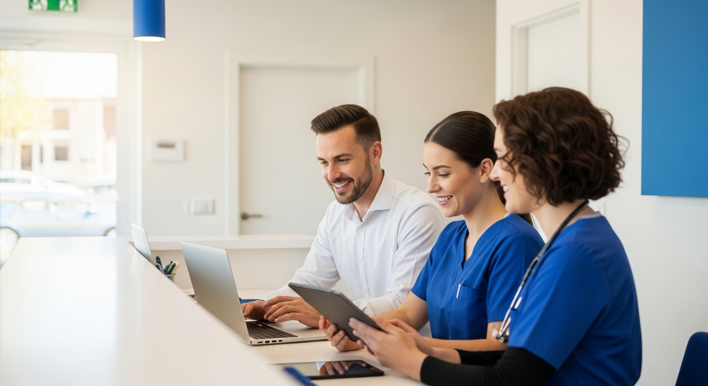 A Ubie implementation specialist onboarding clinical staff at a front desk