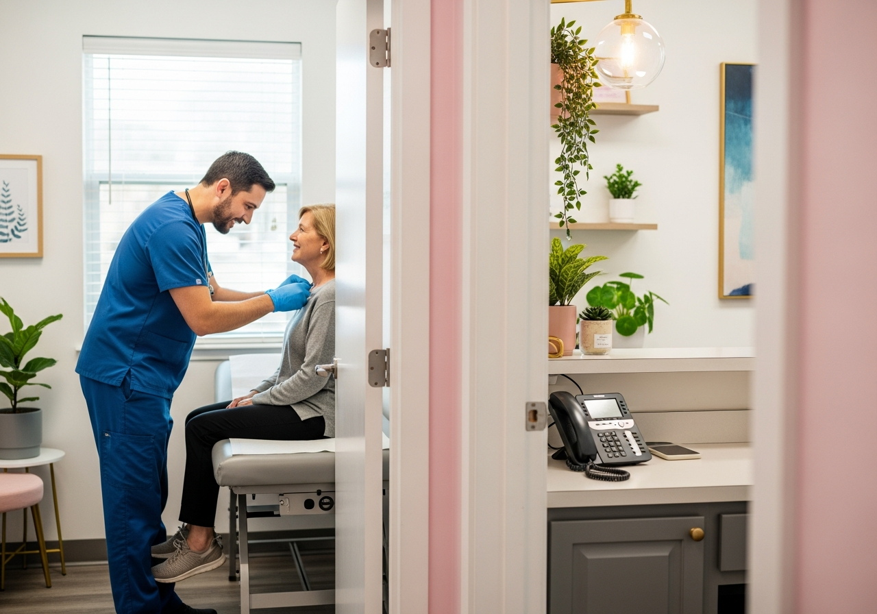 A solo practitioner focused on a patient in the exam room while the unattended front desk phone is answered by Smart Support