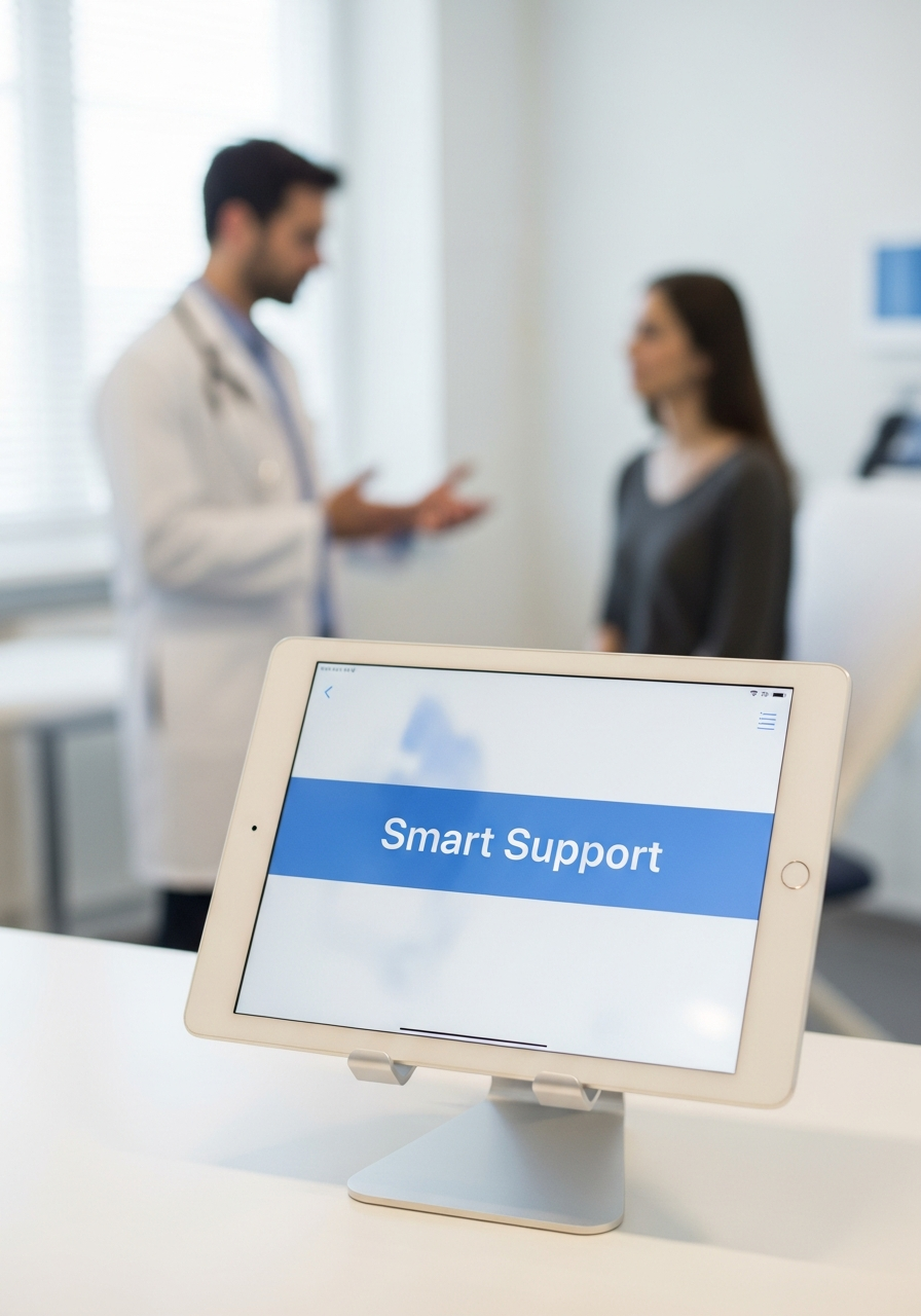 An iPad handling the front desk while the doctor sees a patient in the background